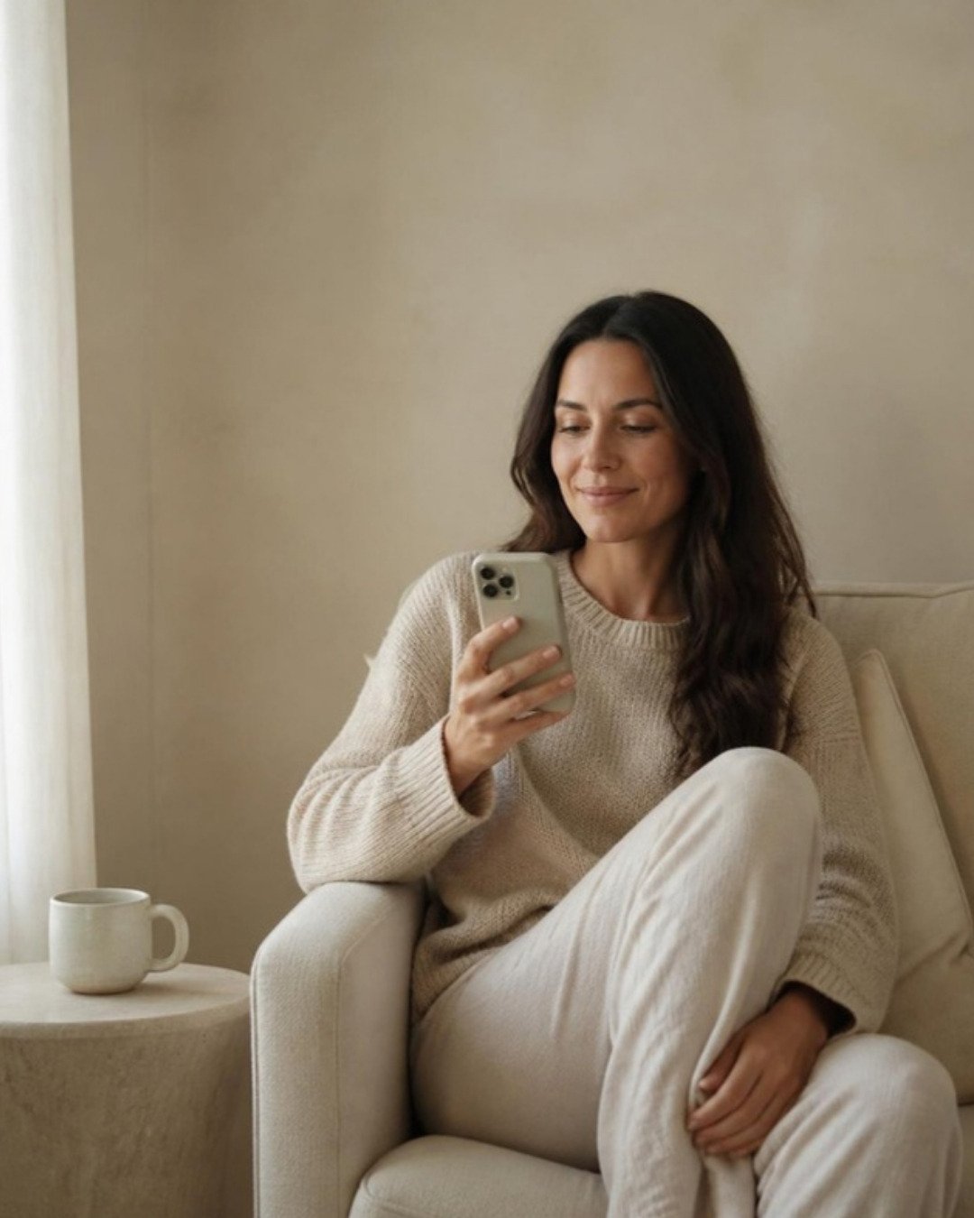 Woman in her thirties reading on her phone in a soft armchair.